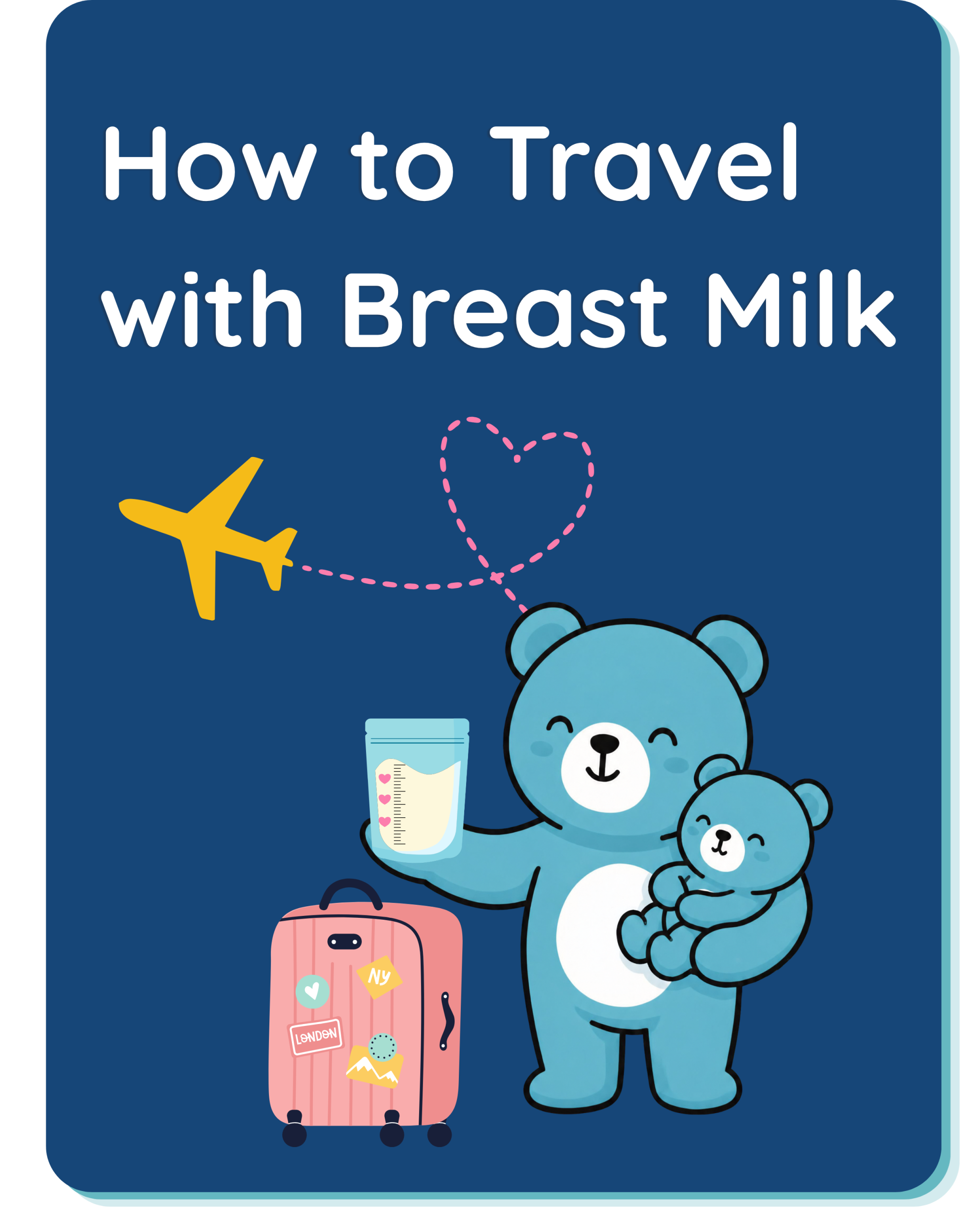 A blue bear holding a baby bear with a suitcase and donor milk storage bag and a plane in the background